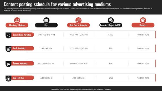 Content Posting Schedule For Various Advertising Brand Development Strategies For Competitive