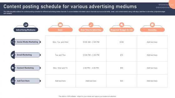 Content Posting Schedule For Various Advertising Mediums Effective Brand Development Strategies