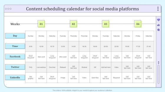 Content Scheduling Calendar For Social Media Platforms B2b Social Media Marketing And Promotion