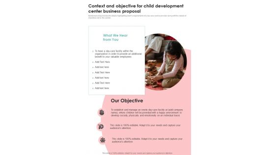 Context And Objective For Child Development Center Business One Pager Sample Example Document