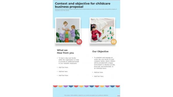 Context And Objective For Childcare Business Proposal One Pager Sample Example Document