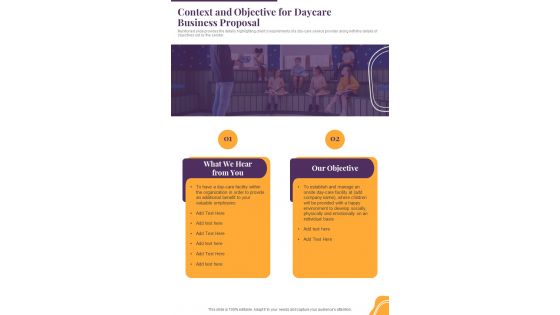 Context And Objective For Daycare Business Proposal One Pager Sample Example Document