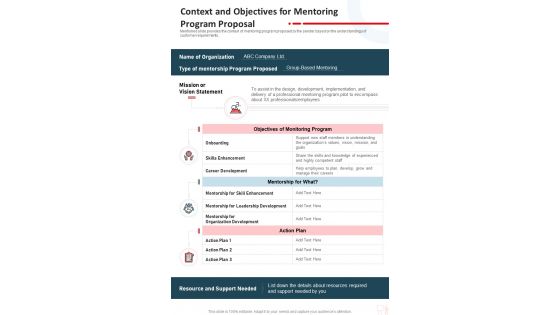 Context And Objectives For Mentoring Program Proposal One Pager Sample Example Document