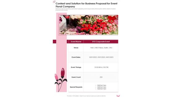 Context And Solution For Business Proposal For Event Floral Company One Pager Sample Example Document