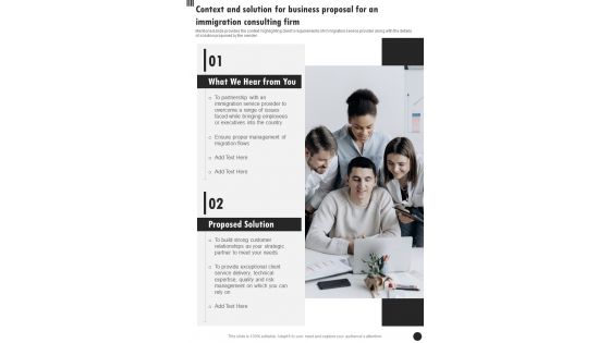 Context And Solution For Business Proposal Immigration Consulting Firm One Pager Sample Example Document