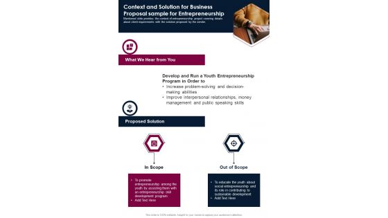 Context And Solution For Business Sample For Entrepreneurship One Pager Sample Example Document