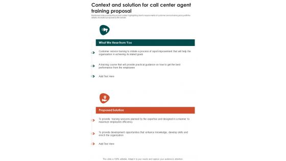 Context And Solution For Call Center Agent Training Proposal One Pager Sample Example Document