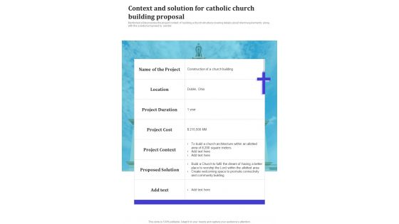 Context And Solution For Catholic Church Building Proposal One Pager Sample Example Document