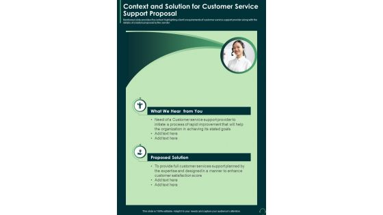 Context And Solution For Customer Service Support One Pager Sample Example Document
