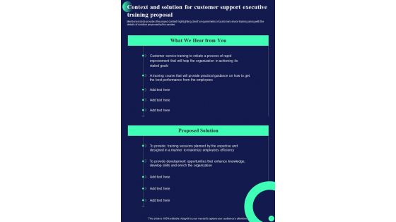 Context And Solution For Customer Support Executive Training Proposal One Pager Sample Example Document