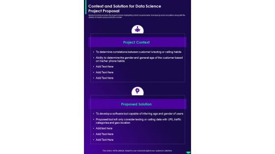 Context And Solution For Data Science Project Proposal One Pager Sample Example Document