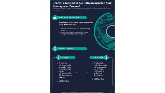 Context And Solution For Entrepreneurship Skill Development Proposal One Pager Sample Example Document