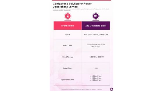 Context And Solution For Flower Decorations Service One Pager Sample Example Document