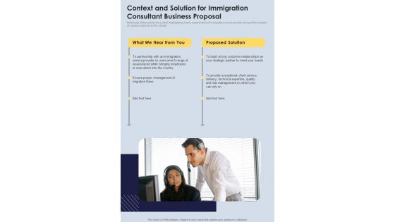 Context And Solution For Immigration Consultant Business Proposal One Pager Sample Example Document