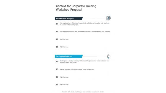 Context For Corporate Training Workshop Proposal One Pager Sample Example Document