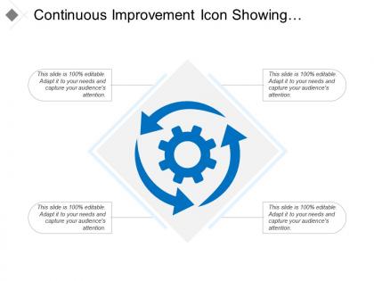 Continuous improvement icon showing circular arrow with gear ppt slide