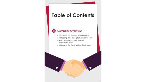 Contractual Work Proposal Table Of Contents One Pager Sample Example Document