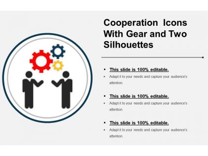 Cooperation icons with gear and two silhouettes ppt examples