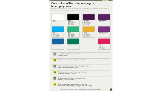 Core Colors Of The Company Logo Brand Playbook One Pager Sample Example Document