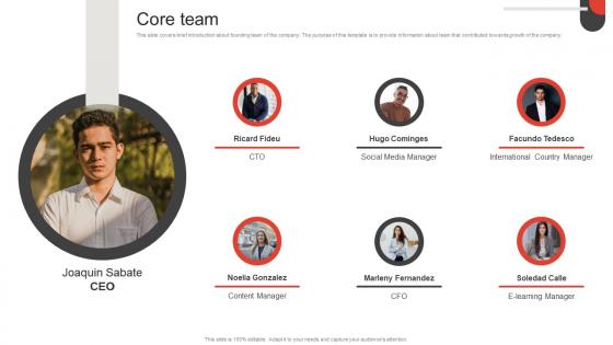 Core Team Investor Funding Elevator Pitch Deck For Online Education Platform