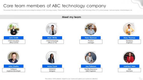 Core Team Members Of Abc Technology Company Fitness Tracking Gadgets Fundraising Pitch Deck