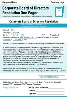Corporate board of directors resolution one pager presentation report infographic ppt pdf document