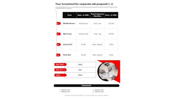 Corporate Cab Proposal Your Investment One Pager Sample Example Document