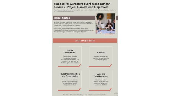 Corporate Event Management Services Project Context And Objectives One Pager Sample Example Document