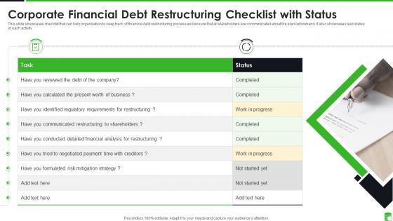 Corporate Financial Debt Restructuring Checklist With Status