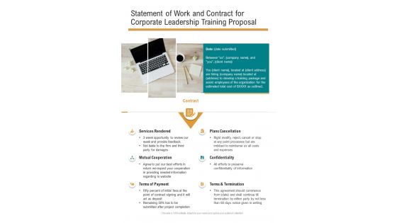 Corporate Leadership Training For Statement Of Work And Contract One Pager Sample Example Document