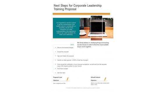 Corporate Leadership Training Proposal For Next Steps One Pager Sample Example Document