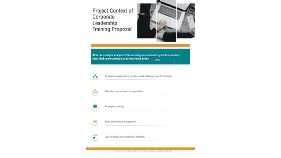 Corporate Leadership Training Proposal Of Project Context One Pager Sample Example Document