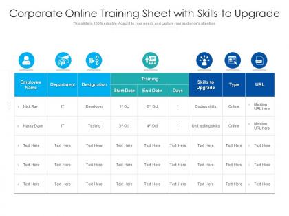 Corporate online training sheet with skills to upgrade