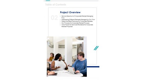 Corporate Retreat Proposal Template Table Of Contents One Pager Sample Example Document