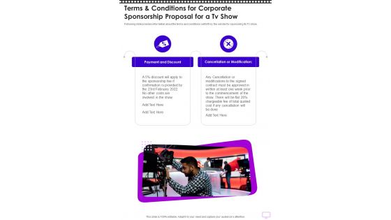 Corporate Sponsorship For A Tv Show For Terms And Conditions One Pager Sample Example Document