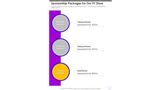 Corporate Sponsorship Packages For Our Tv Show One Pager Sample Example Document