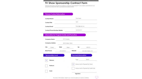 Corporate Sponsorship Tv Show Sponsorship Contract Form One Pager Sample Example Document