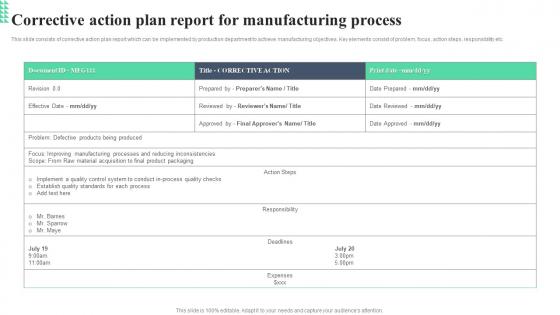 Corrective Action Plan Report For Manufacturing Process