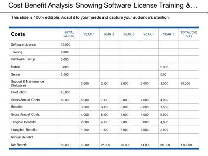 Cost benefit analysis showing software license training and hardware setup
