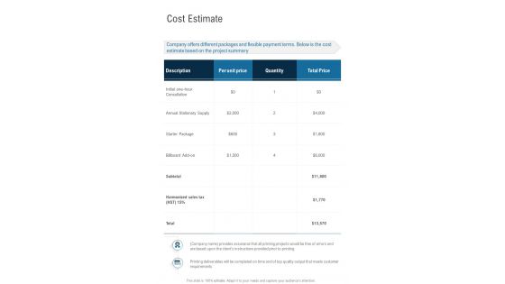 Cost Estimate Paper Based Printing Proposal One Pager Sample Example Document