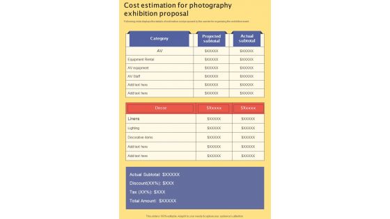 Cost Estimation For Photography Exhibition Proposal One Pager Sample Example Document