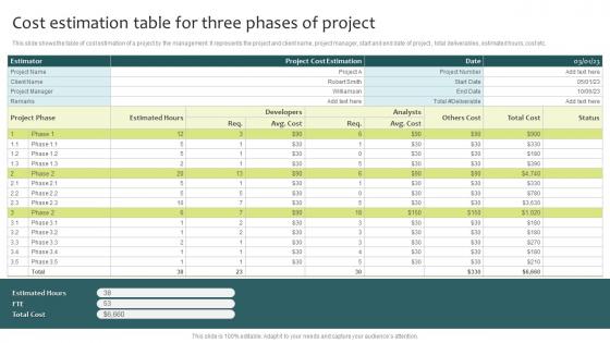Cost Estimation Table For Three Phases Of Project