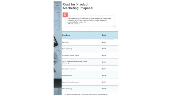 Cost For Product Marketing Proposal One Pager Sample Example Document