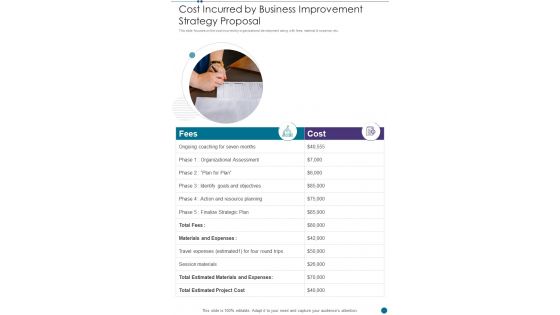 Cost Incurred By Business Improvement Strategy Proposal One Pager Sample Example Document