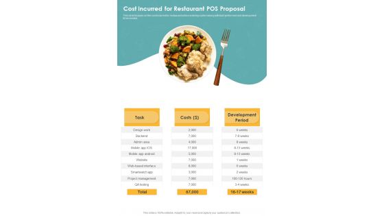 Cost Incurred For Restaurant POS Proposal One Pager Sample Example Document