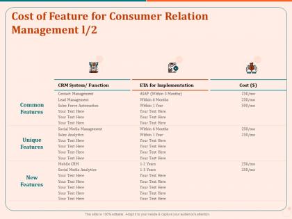 Cost of feature for consumer relation management implementation ppt gallery