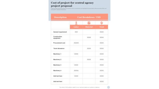Cost Of Project For Central Agency Project Proposal One Pager Sample Example Document