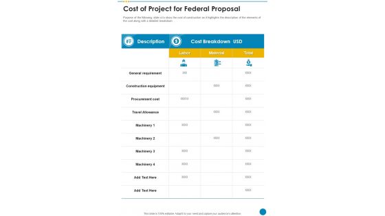 Cost Of Project For Federal Proposal One Pager Sample Example Document
