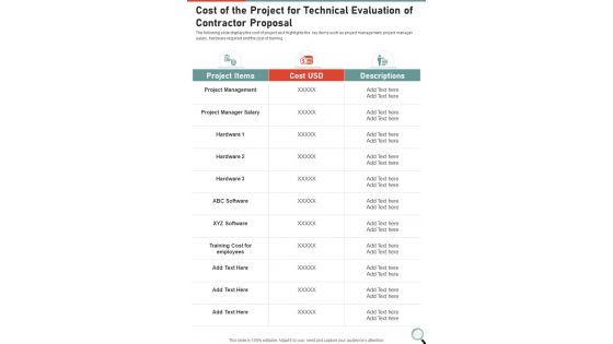Cost Of The Project For Technical Evaluation Of Contractor Proposal One Pager Sample Example Document