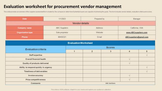 Cost Reduction Strategies Evaluation Worksheet For Procurement Vendor Management Strategy SS V